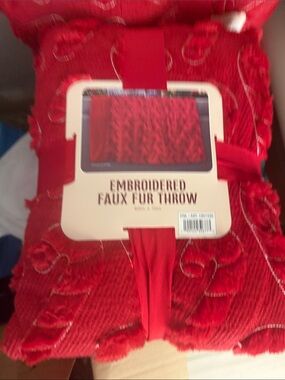 Embroidered Faux Fur Throw Blanket in Red